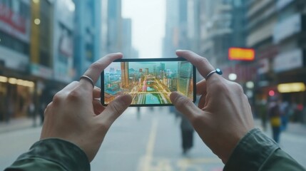 Person using augmented reality glasses to explore interactive digital maps in a futuristic urban area, high-tech city with virtual displays and smart infrastructure, Futuristic style