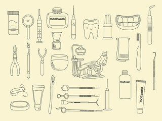 Dental tools. Dental care. Seamless Pattern with Dental Icons. Vector set of design templates and elements for Dental. Seamless patterns with linear icons related to Dental.