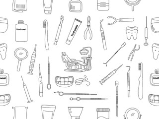Dental tools. Dental care. Seamless Pattern with Dental Icons. Vector set of design templates and elements for Dental. Seamless patterns with linear icons related to Dental.