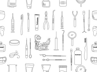 Dental tools. Dental care. Seamless Pattern with Dental Icons. Vector set of design templates and elements for Dental. Seamless patterns with linear icons related to Dental.