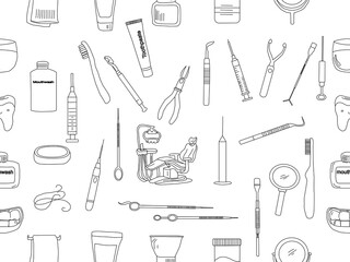 Dental tools. Dental care. Seamless Pattern with Dental Icons. Vector set of design templates and elements for Dental. Seamless patterns with linear icons related to Dental.