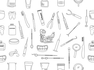 Dental tools. Dental care. Seamless Pattern with Dental Icons. Vector set of design templates and elements for Dental. Seamless patterns with linear icons related to Dental.