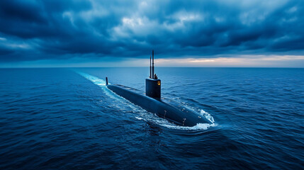 Submarine Navigating the Deep Blue Sea Amidst Dark Storm Clouds in the Distance Maritime Vessel