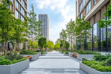 Urban walkway lined with greenery and modern buildings.  A paved walkway flanked by lush greenery,  decorative planters, and benches leads between modern buildings