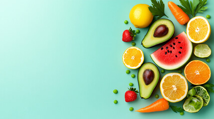 Vibrant Fresh Fruits and Vegetables Arranged on Light Green Background for Healthy Eating Concept