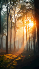 Fototapeta premium Magical Forest Sunrise with Glowing Butterflies