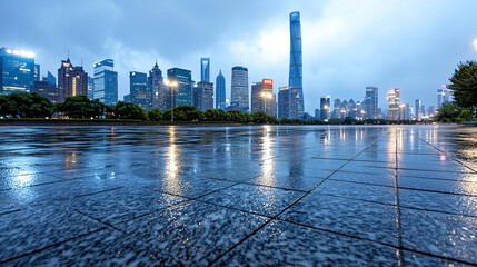 Fototapeta premium Wet Pavement Reflecting City Skyline at Dusk