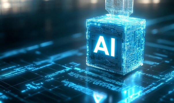 Floating cubes, glowing lines, and computer chips depicting futuristic high tech and AI with digital data flow