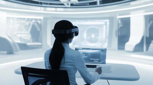 Person wearing a smart headset for virtual meetings in a futuristic office environment, modern office with high-tech virtual reality equipment and holographic displays, Futuristic style