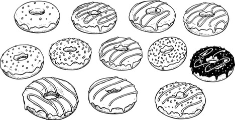 Hand drawn vector illustration - Set of tasty donuts. Sketch. vector set