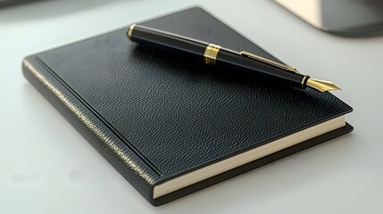 Elegant Black Leather Notebook with Gold Trimmed Fountain Pen on White Background