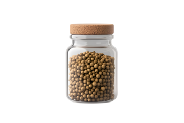 Glass jar filled with brown peppercorns cork lid spice storage kitchen ingredient,