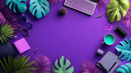 Vibrant Tropical Themed Office Desk Setup for High Impact Marketing Campaigns