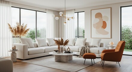 Minimalist home interior design of modern living room with orange armchair and beige sofa.

