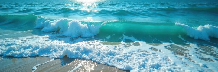Obraz premium Wavy ocean surface with white foam in sunlight, sunny day, calm sea