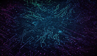 Abstract circuit board design with neon lighting in blue and purple. Represents technology, digital art, and innovation.