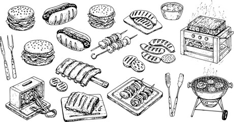 Hand drawn vector illustrations. BBQ collection. Barbeque design elements in sketch style. Fast food. Perfect for menu, prints, packing, leaflets, advertising