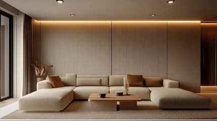 Minimalist beige lounge with clean lines, soft lighting and brown accent pillows in a calm neutral palette