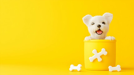 Happy Puppy Peeking from Yellow Bowl with Bone on Bright Yellow Background