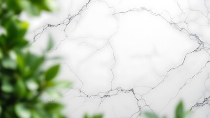 Obraz premium Serene sanctuary: a tranquil white marble backdrop framed by lush, out-of-focus greenery, creating a peaceful and calming atmosphere.