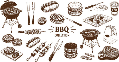Hand drawn vector illustrations. BBQ collection. Barbeque design elements in sketch style. Fast food. Perfect for menu, prints, packing, leaflets, advertising