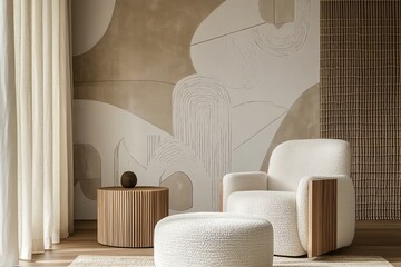 Cozy Living Room Interior with Armchair, Table, and Textured Wall