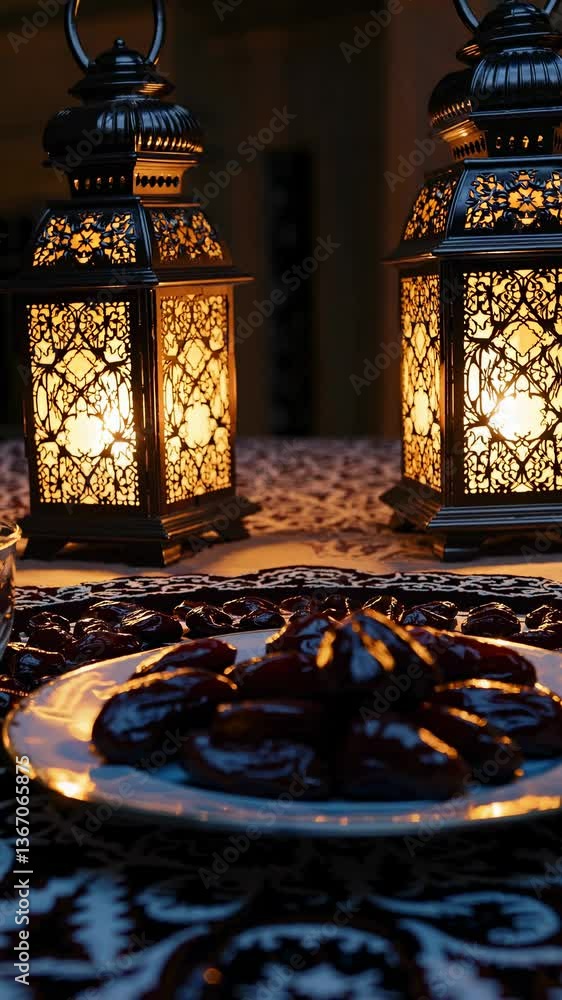 Poster low-angle video shot of a glowing lantern on a patterned table under a crescent moon, creating a ser