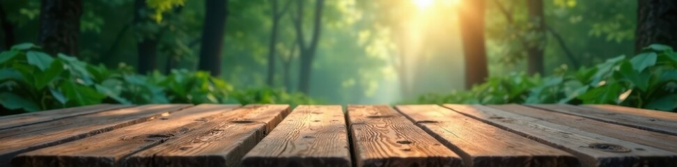 Wooden plank background with misty forest scene, natural world, nature