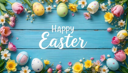 Happy Easter Floral Decor on a Light Blue Wooden Background