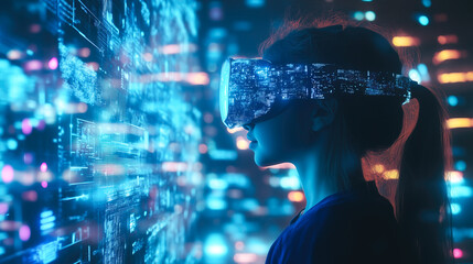 A kid girl learns online using futuristic technology. The concept of the integration of advanced digital tools in education, and learning experiences for the future generation. Generative AI.