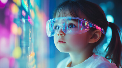 A kid girl learns online using futuristic technology. The concept of the integration of advanced digital tools in education, and learning experiences for the future generation. Generative AI.