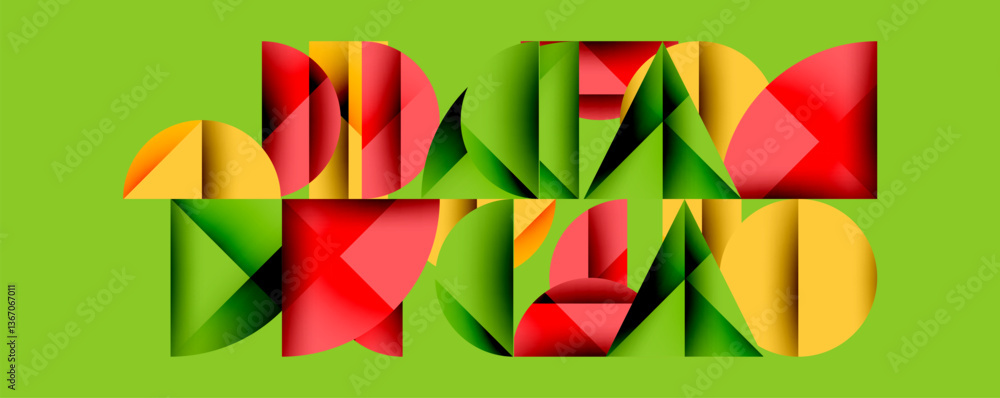 Poster abstract geometric background with layered gradient shapes forming dynamic patterns. overlapping sem