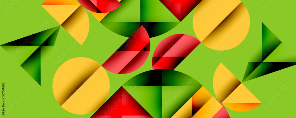 Poster Abstract geometric background with layered gradient shapes forming dynamic patterns. Overlapping semi circles and triangles create depth and contrast