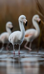 Obraz premium Juvenile Flamingo in Shallow Water Standing Tall with Two Other Birds in Background Blurred View