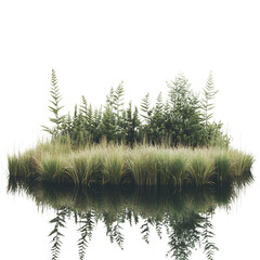 Serene Wetland with Ferns and Reeds Isolated on Transparent Background