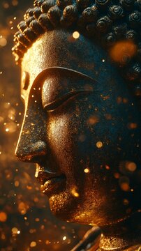 closeup shot of golden buddha face with glitter in the background