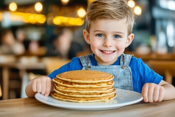 Happy boy enjoying a stack of delicious pancakes in a cozy restaurant