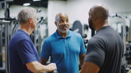 Obraz premium Mature men working with a personal trainer in the gym, discussing physical therapy and fitness routines for wellness and retirement health.