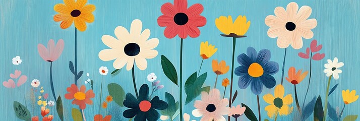 Colorful Floral Painting of Garden Flowers on Light Blue Background