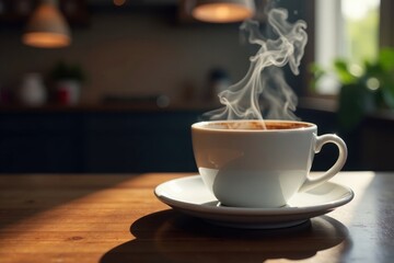 Fototapeta premium A coffee cup placed on a table with smoke floating up from the liquid inside , glass, smoke