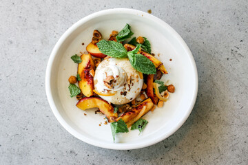 Creamy Burrata with Roasted Summer Peaches, Nectarines, Mint and Hazelnut