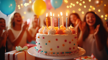 a birthday celebration with a cake, candles, balloons, and happy people in the background. golden string lights provide a warm, festive glow.