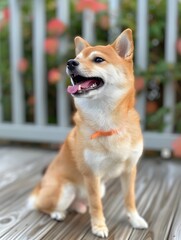 Happy Shiba Inu Dog Sitting on Wooden Deck with Friendly Smile