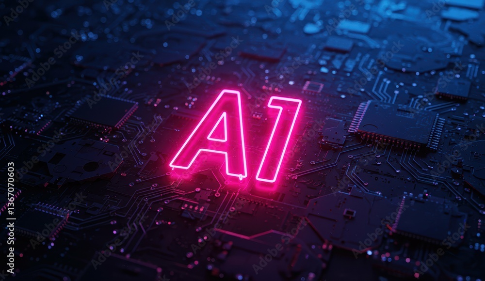 Poster abstract circuit board with neon a1 letters glowing on dark background. concepts of technology and i