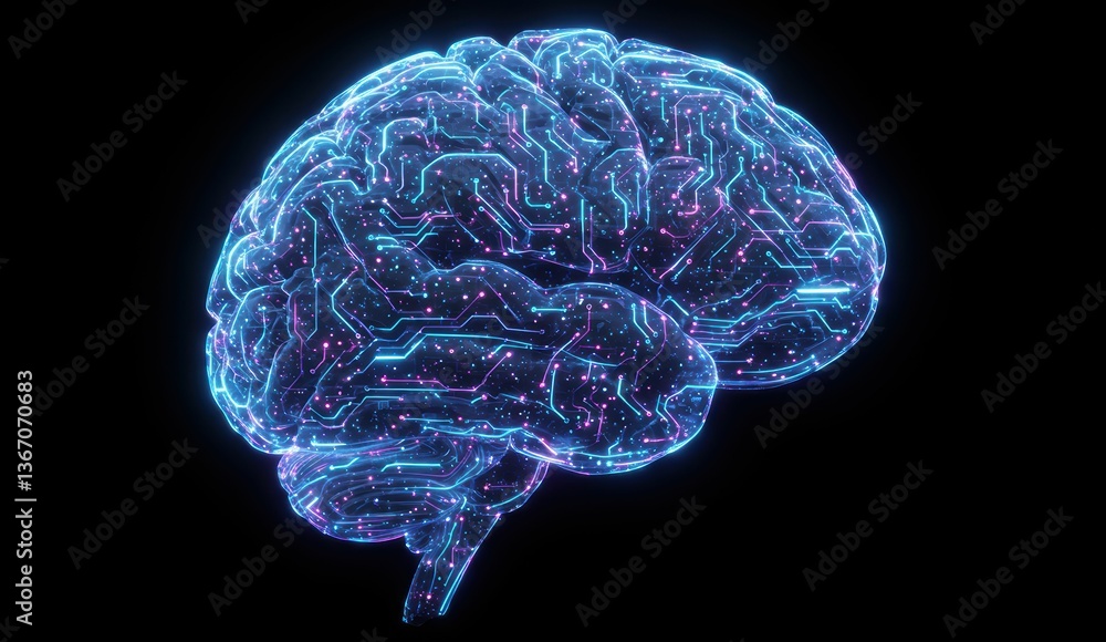 Poster digital brain with neon circuitry design on black background. represents technology, artificial inte