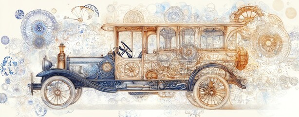 Vintage steampunk car design with intricate gears and mechanisms visible in the artwork.