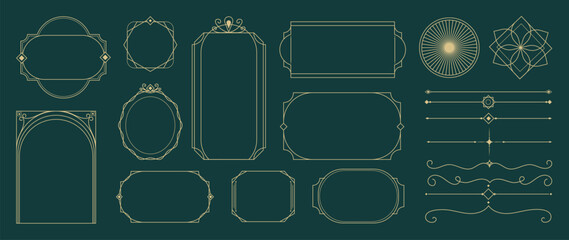 Collection of geometric art deco ornament. Luxury golden decorative element with different line, frame, headers, dividers, borders, gatsby. Calligraphy ornament set vector.