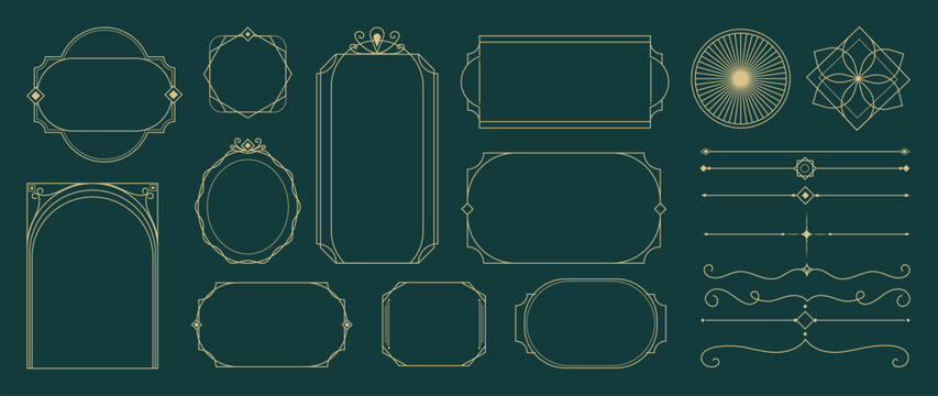 Naklejki Collection of geometric art deco ornament. Luxury golden decorative element with different line, frame, headers, dividers, borders, gatsby. Calligraphy ornament set vector.