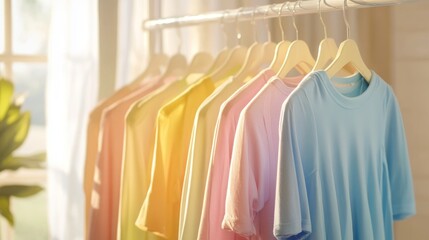 Obraz premium A collection of pastel-colored shirts neatly arranged on wooden hangers
