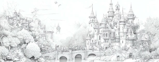 Fototapeta premium A whimsical castle drawing surrounded by lush greenery and serene water features.